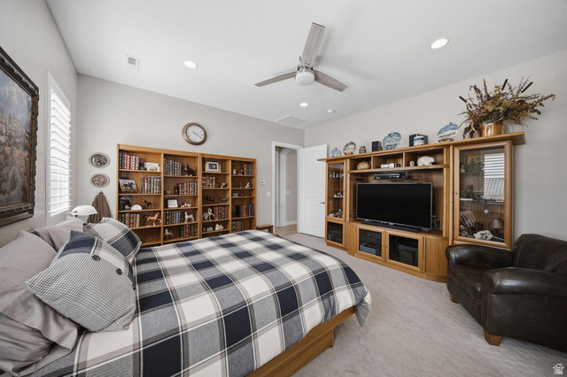 2829 East 1880th Street South St. George, UT 84790 - Photo 18 of 54 Bedroom featuring a ceiling fan, light colored carpet, and recessed lighting