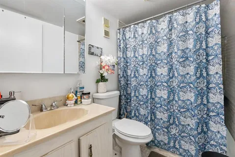 a bathroom with a sink a toilet and shower curtain