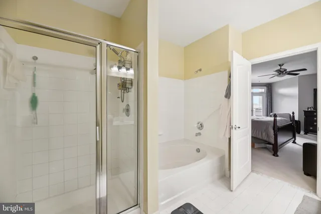 a bathroom with a bathtub and a shower