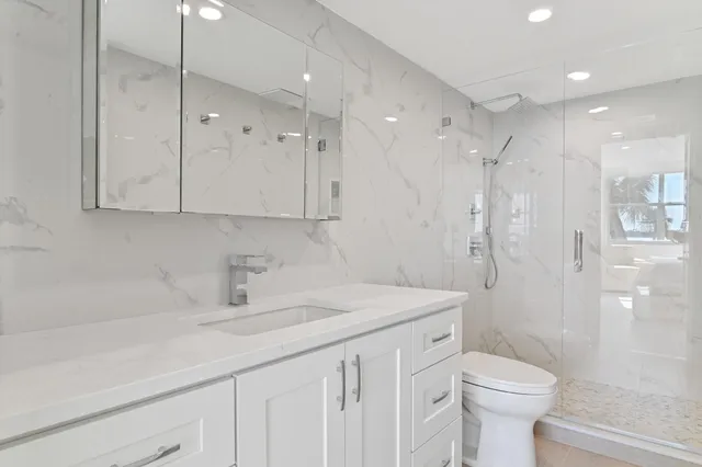 a bathroom with a sink a toilet a mirror and shower