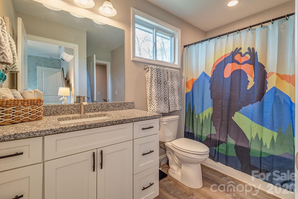 343 Garren Creek Road Fairview, NC 28730 - Photo 24 of 30 a bathroom with a granite countertop sink toilet and a large mirror
