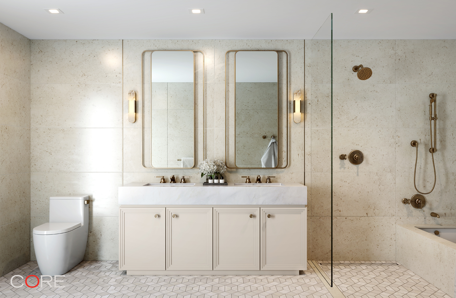310 East 86th Street, Unit 20C Manhattan, NY 10028 - Photo 5 of 15 a bathroom with a granite countertop sink a toilet and shower