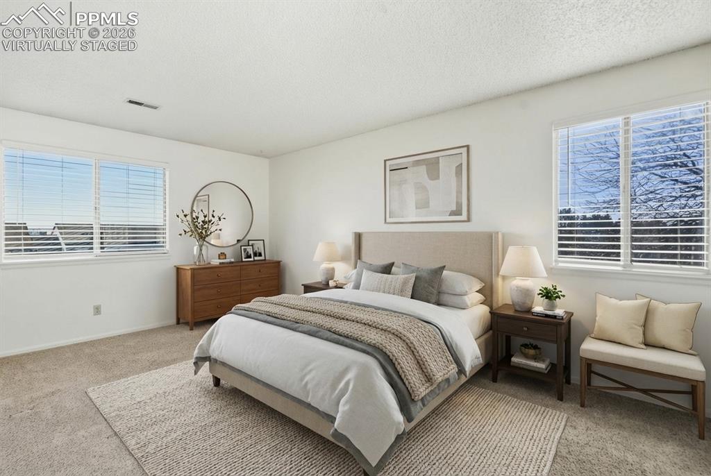 918 Tenderfoot Hill Road, Unit 202 Colorado Springs, CO 80906 - Photo 30 of 48 a bedroom with a large bed and windows