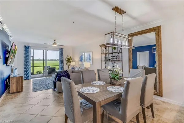 a view of a dining room with furniture window and outside view