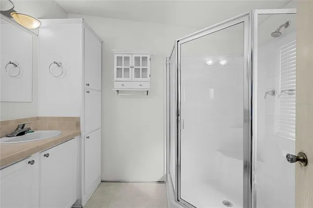 a bathroom with a shower sink and mirror
