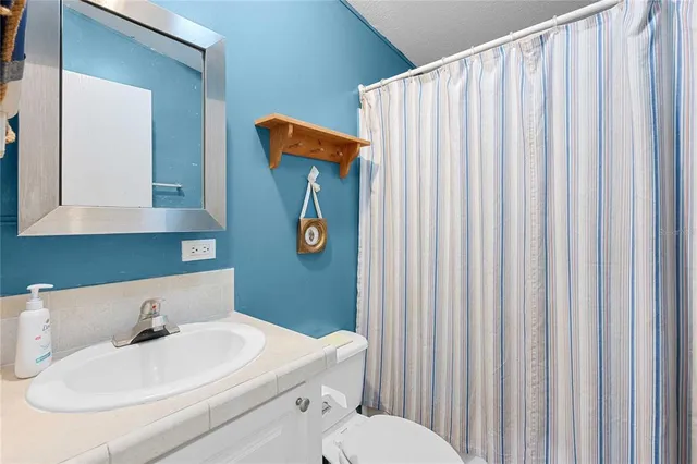 a bathroom with a sink a toilet and shower curtain