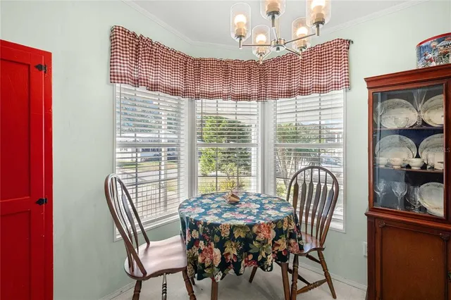a view of a dining room with furniture window and outside view