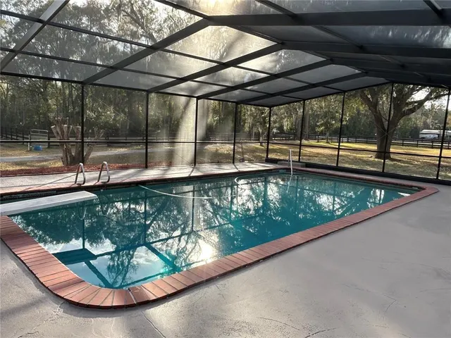 a view of a park with large trees