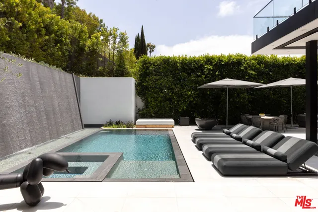a view of swimming pool with lounge chair and dinning table under an umbrella