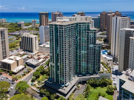 a city view with tall buildings