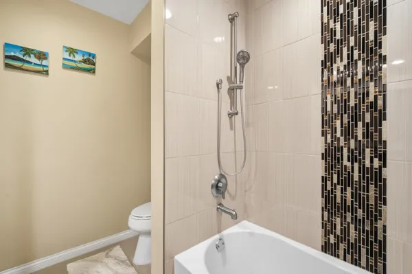 a bathroom with a shower and a toilet