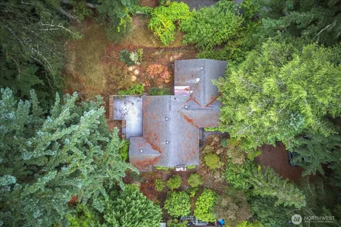 an aerial view of a house with a yard and trees all around