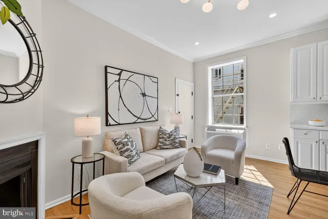 a living room with furniture a lamp and a potted plant