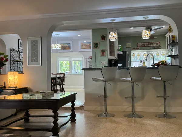 a view of a dining room with furniture