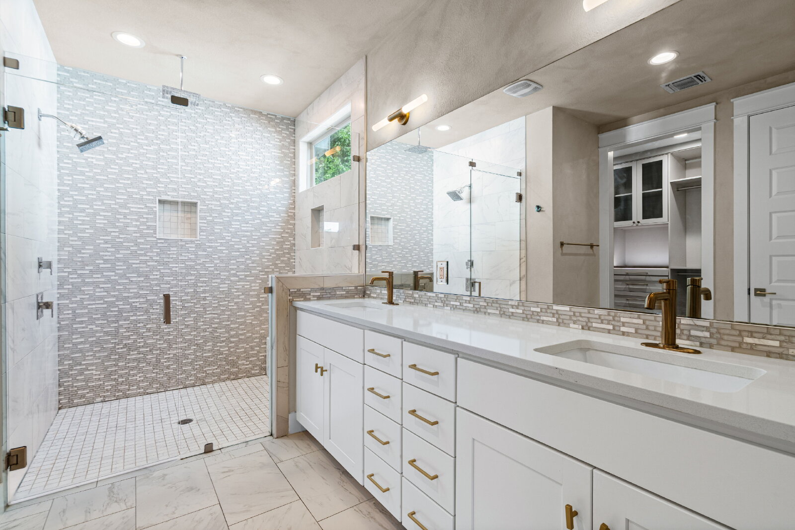 2906 Webberville Road, Unit 1 Austin, TX 78702 - Photo 16 of 23 a bathroom with a granite countertop sink mirror and shower