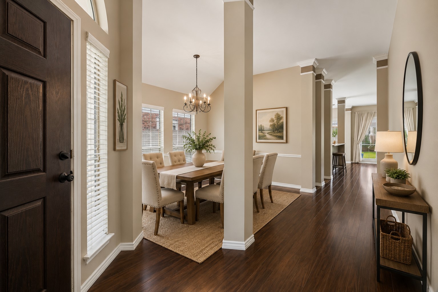 3118 Valley Court Manvel, TX 77578 - Photo 3 of 38 This photo showcases a virtual staged stylish dining area with elegant beige walls, a wooden table, and upholstered chairs. It features a chic chandelier and large windows for natural light. The open layout leads to a bright living space, highlighting beautiful hardwood floors and tasteful decor.
