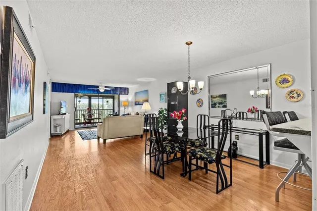 a view of a dining room and livingroom with furniture wooden floor a rug a chandelier