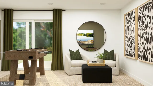 a living room with furniture and a mirror