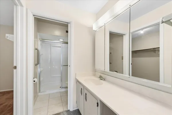 a bathroom with a double vanity sink mirror and shower