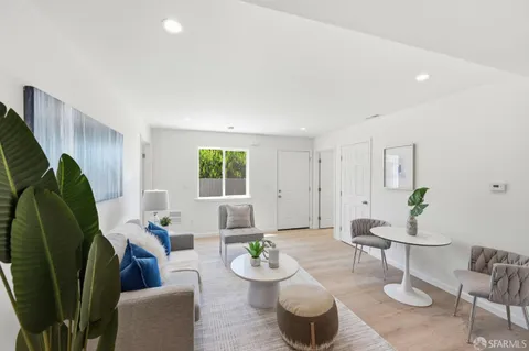 a living room with furniture a rug potted plant and a window