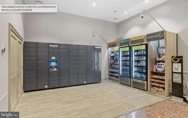 a view of an empty room with shelves