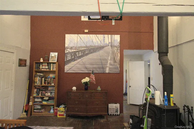 a view of a living room and bathroom