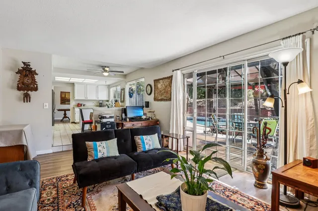 a living room with furniture and a potted plant