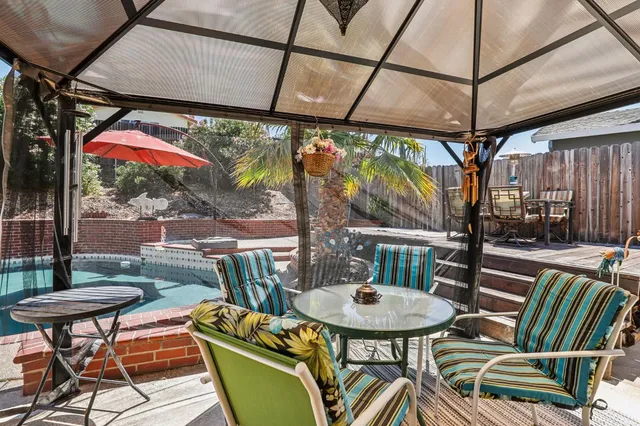 a view of swimming pool with outdoor seating