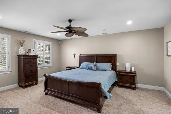 a bedroom with a bed and a ceiling fan