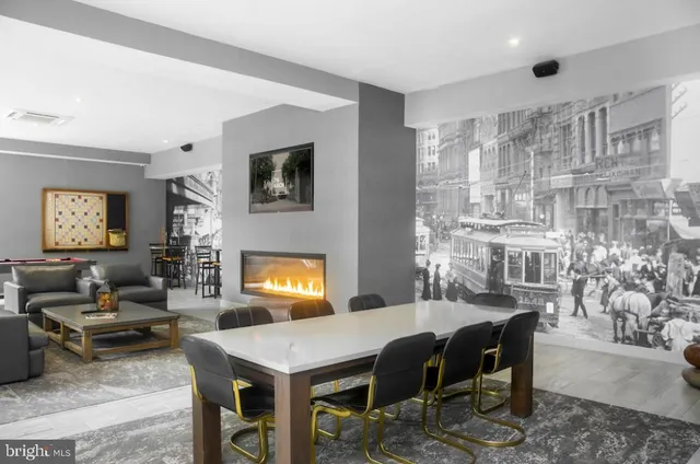 a view of a dining room with furniture