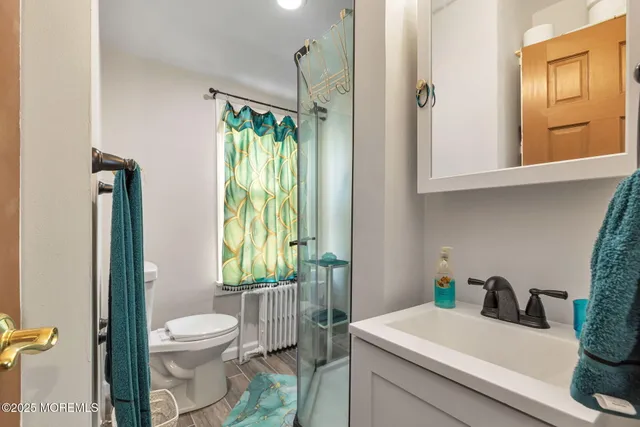 a bathroom with a sink a toilet and a shower