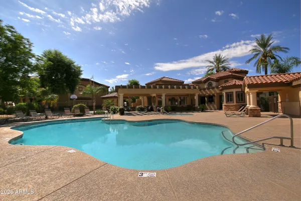 a view of a building with a patio