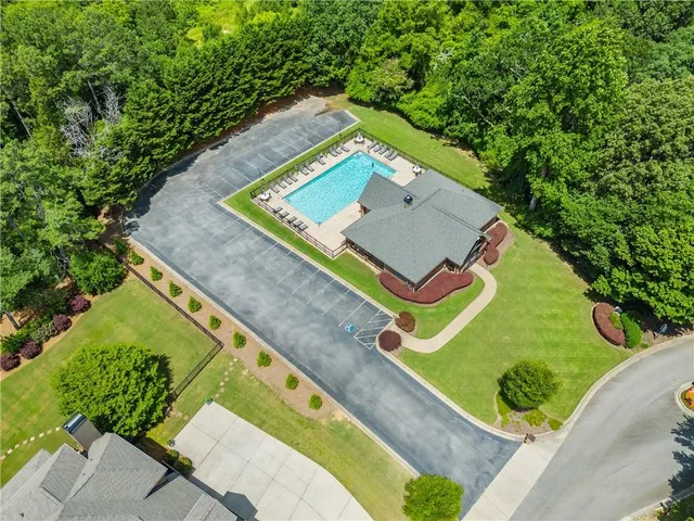 an aerial view of a backyard