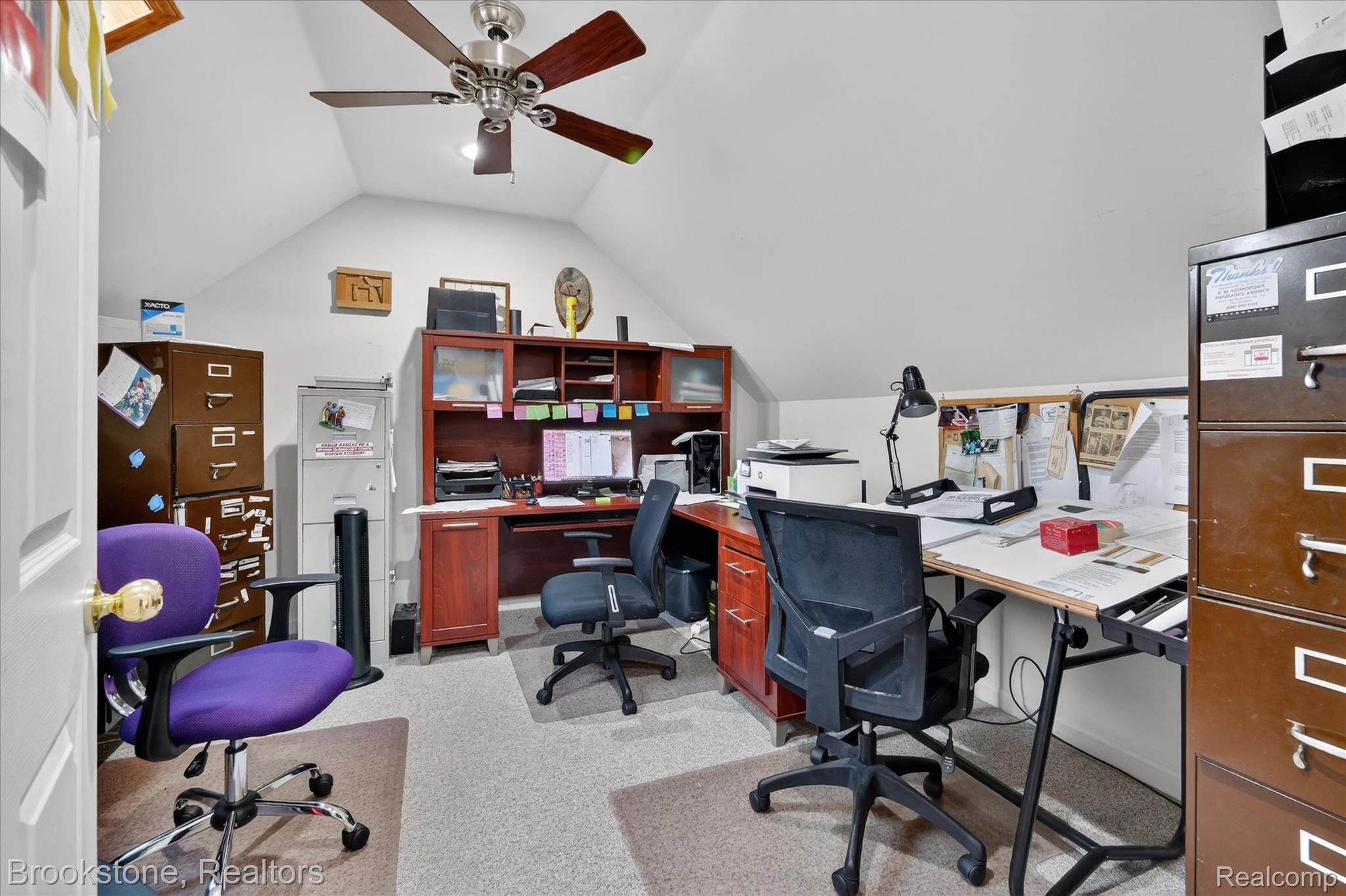 5163 Country Squire Road Dryden, MI 48428 - Photo 43 of 64 Office space featuring light colored carpet, vaulted ceiling, and ceiling fan