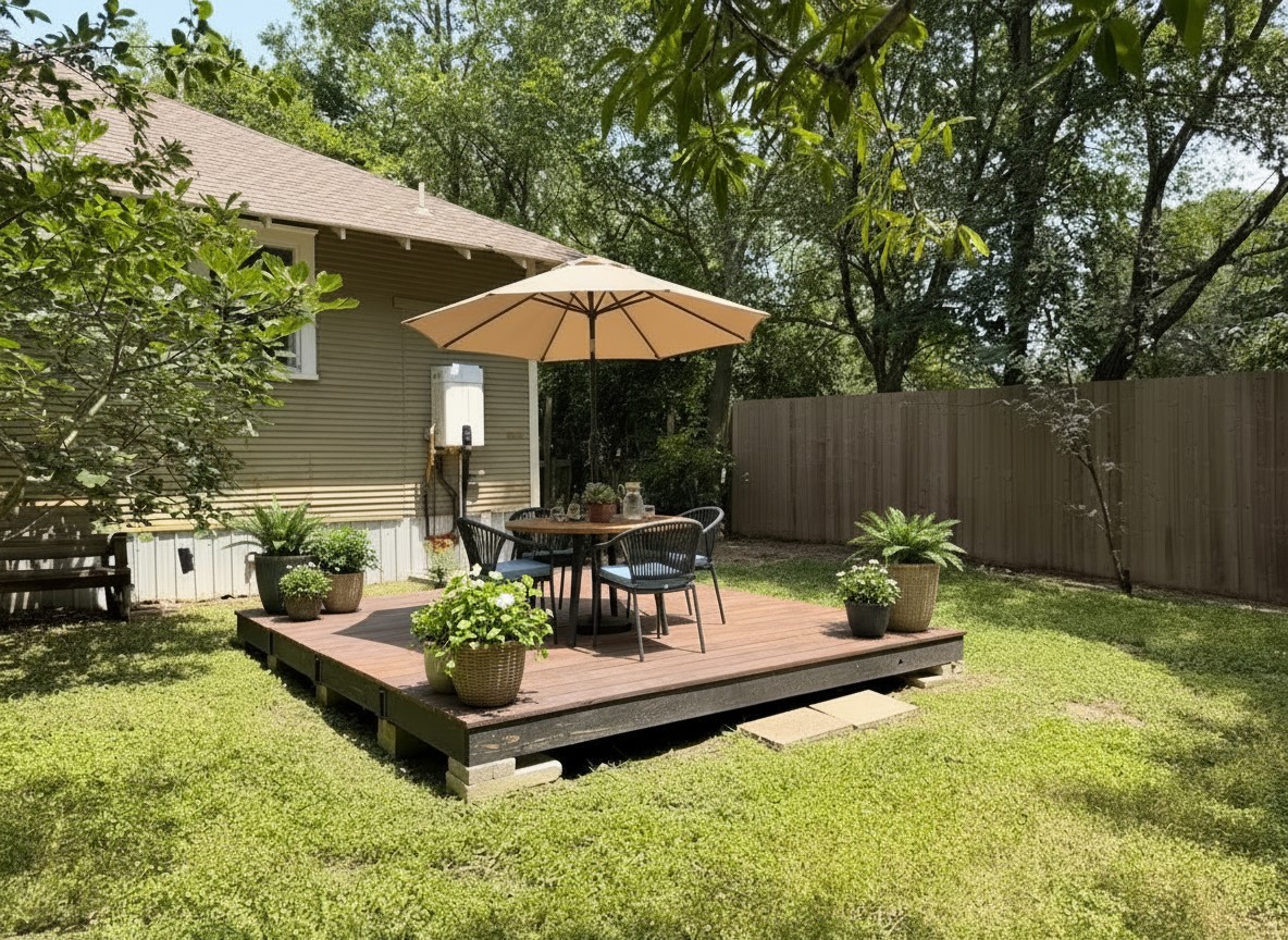 1136 Eleanor Street Austin, TX 78721 - Photo 25 of 30 Virtual staged:A well-maintained wooden deck provides a private outdoor dining oasis in a lush yard.