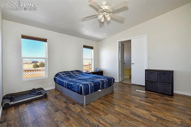 20480 Enoch Road Colorado Springs, CO 80928 - Photo 14 of 45 Bedroom with dark wood-type flooring, ceiling fan, and vaulted ceiling