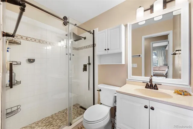 a bathroom with a sink a toilet a mirror and shower