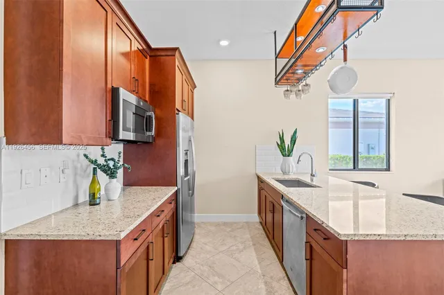 a aerial view of a house with a yard and potted plants