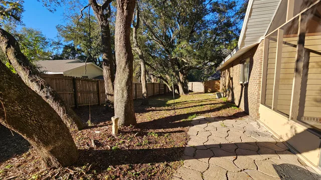 a view of a yard with a house and a large tree