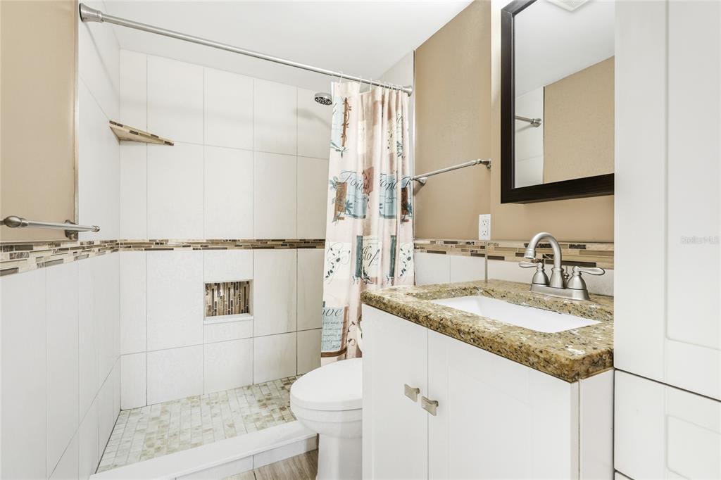 3452 Desoto Road Sarasota, FL 34235 - Photo 26 of 42 a bathroom with a granite countertop sink a mirror and shower