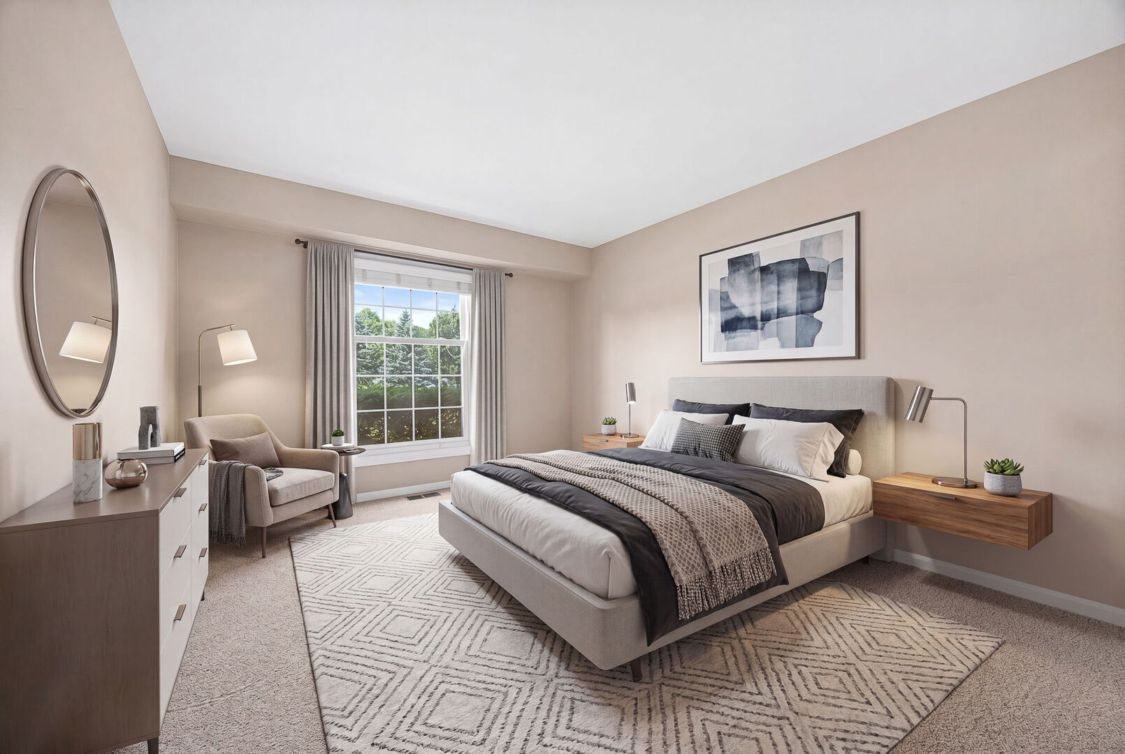 124 Carriage Way Drive, Unit B109 Burr Ridge, IL 60527 - Photo 5 of 31 a spacious bedroom with a bed a mirror and a large window