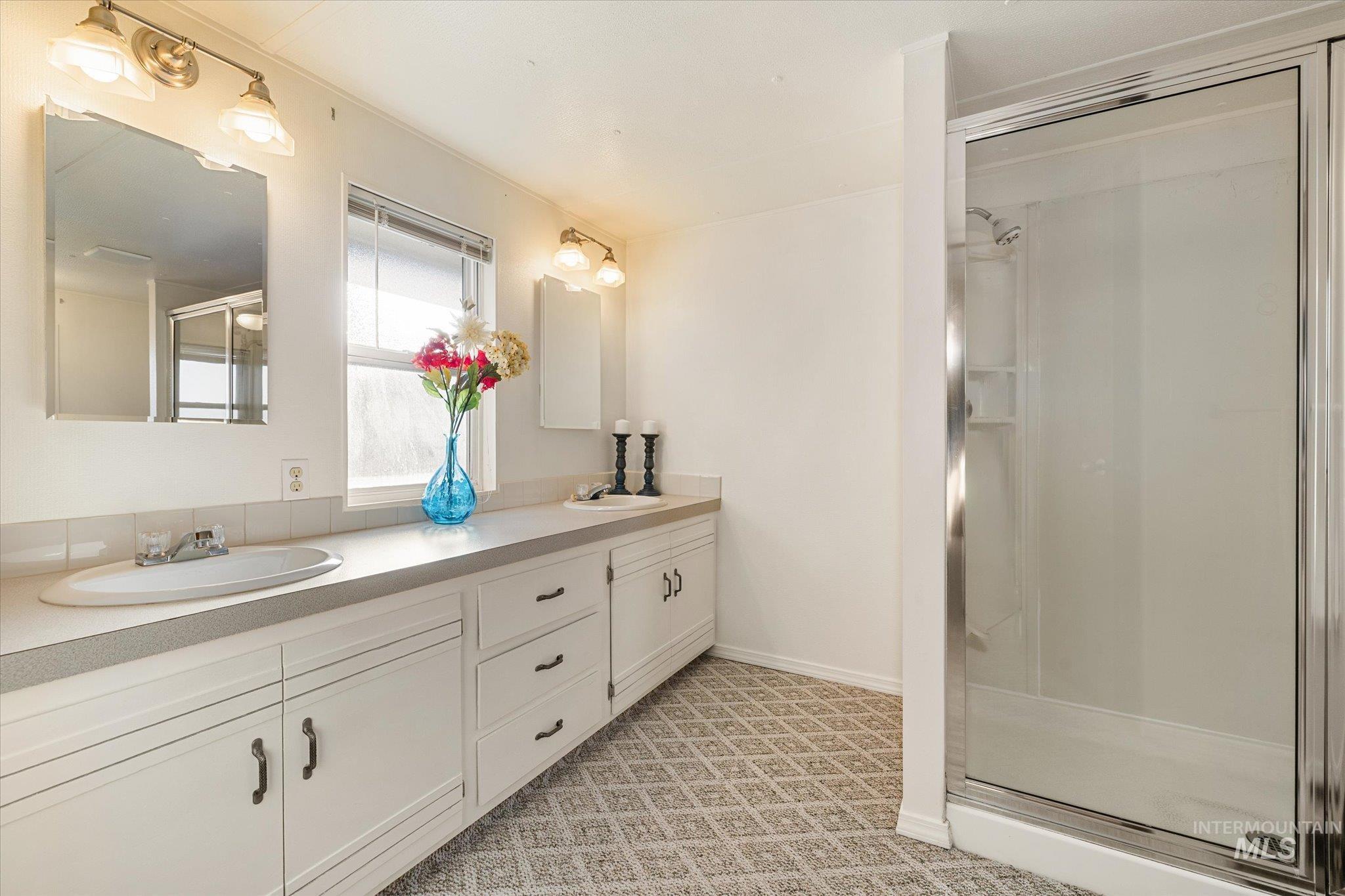 9820 Highway 44 Middleton, ID 83644 - Photo 39 of 50 Bathroom featuring a shower stall, double vanity, and light colored carpet