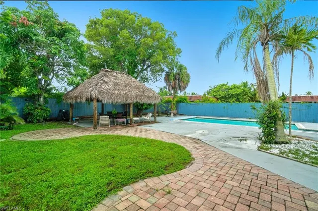 a garden view with a seating space