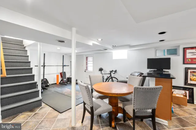 a view of a dining room with furniture