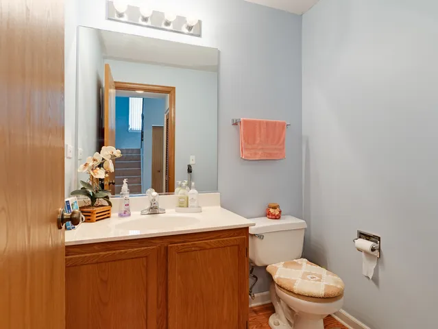 a bathroom with a toilet sink vanity and mirror