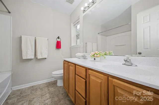 a bathroom with a sink vanity mirror and toilet