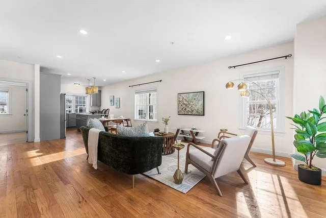 a living room with furniture a potted plant and open kitchen view