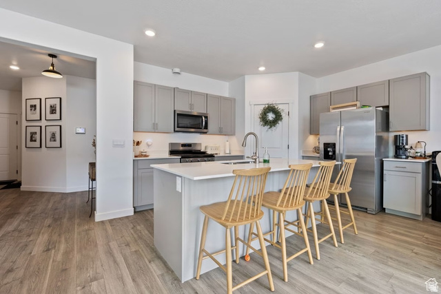 1323 South Raintree Lane Santaquin, UT 84655 - Photo 6 of 23 Kitchen featuring gray cabinets, stainless steel appliances, a breakfast bar, a kitchen island with sink, and light wood-type flooring