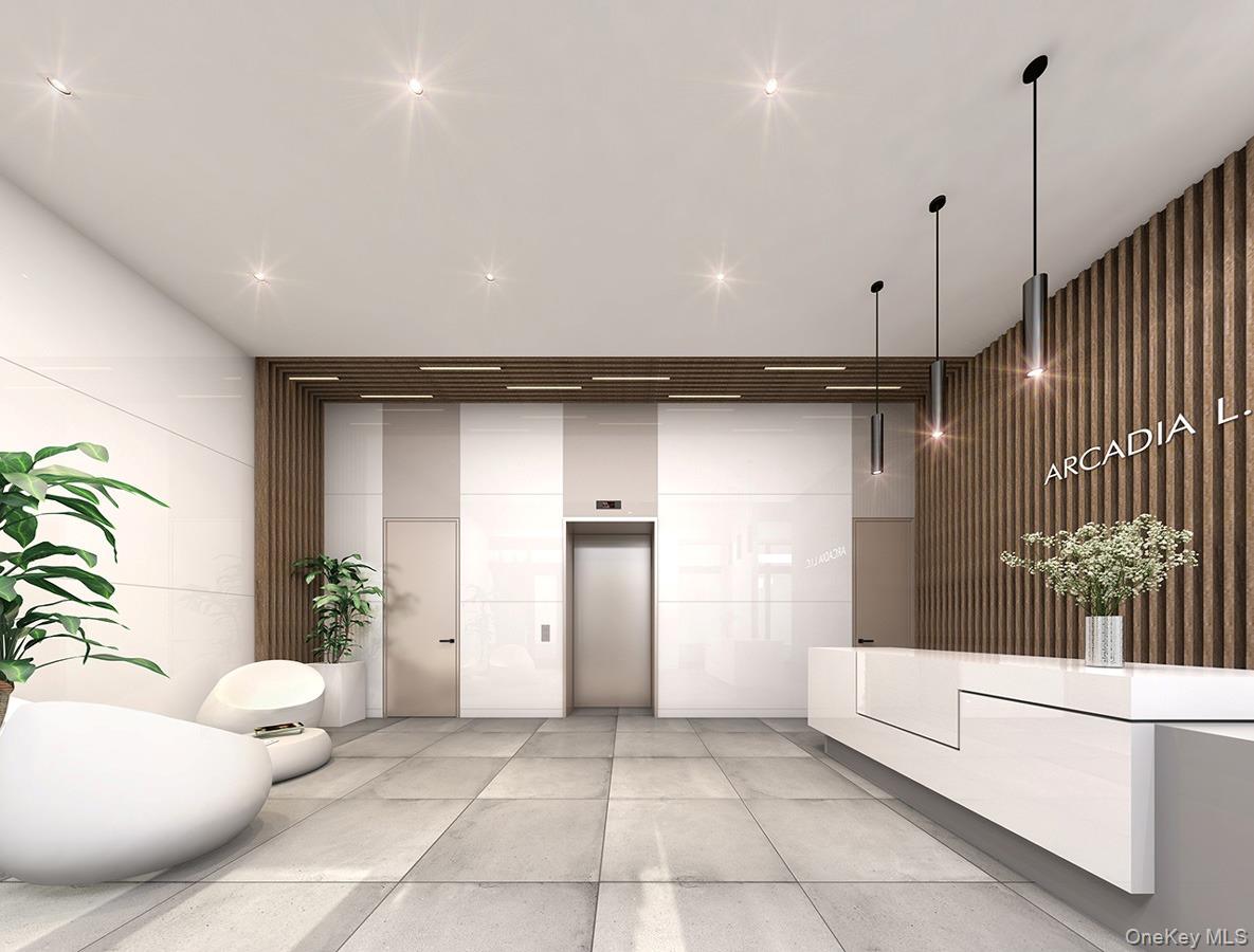 24-12 42nd Road, Unit 6C Queens, NY 11101 - Photo 2 of 12 a living room with furniture and a chandelier