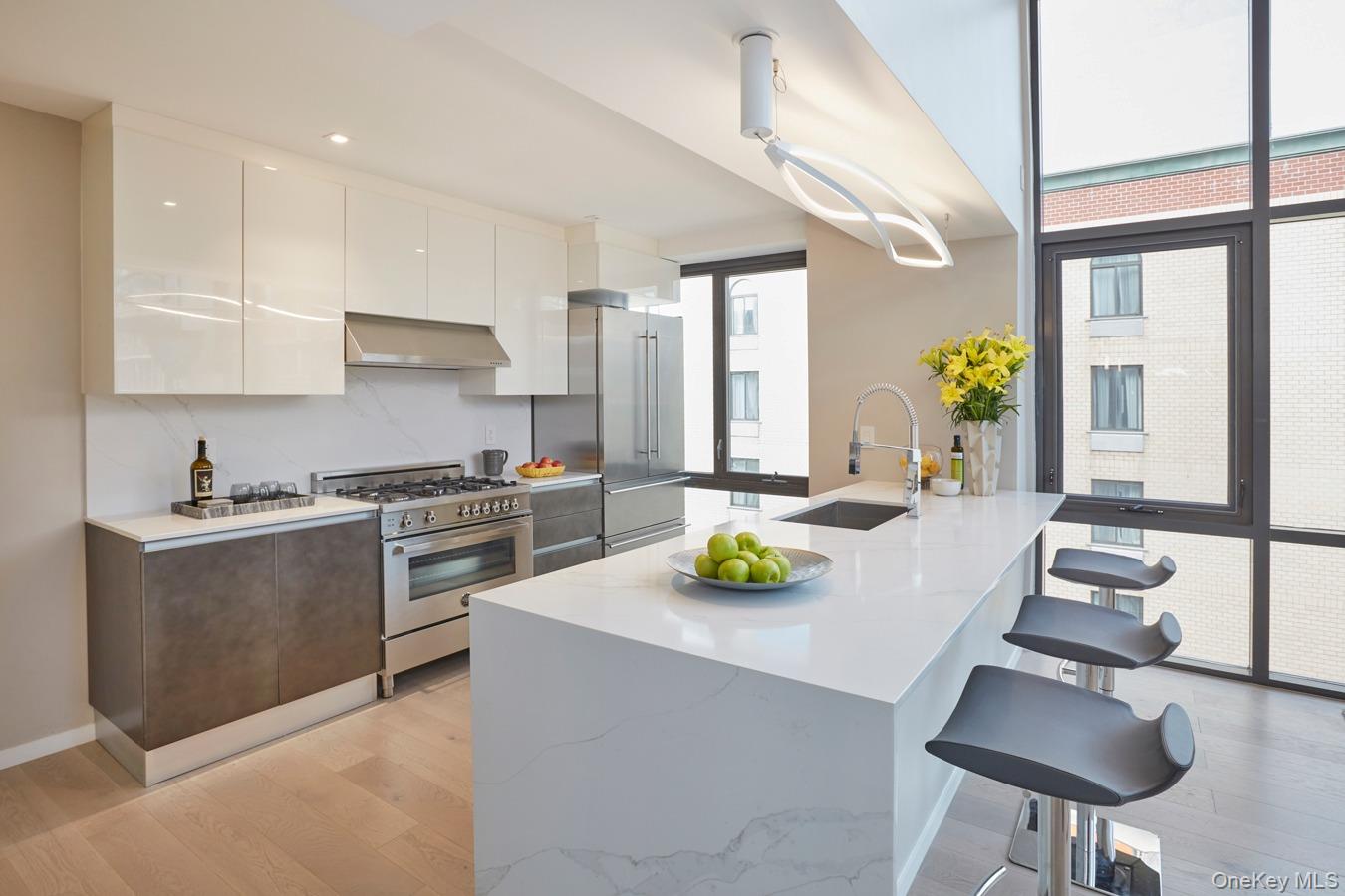 24-12 42nd Road, Unit 6C Queens, NY 11101 - Photo 5 of 12 a kitchen with stainless steel appliances a sink a stove and cabinets